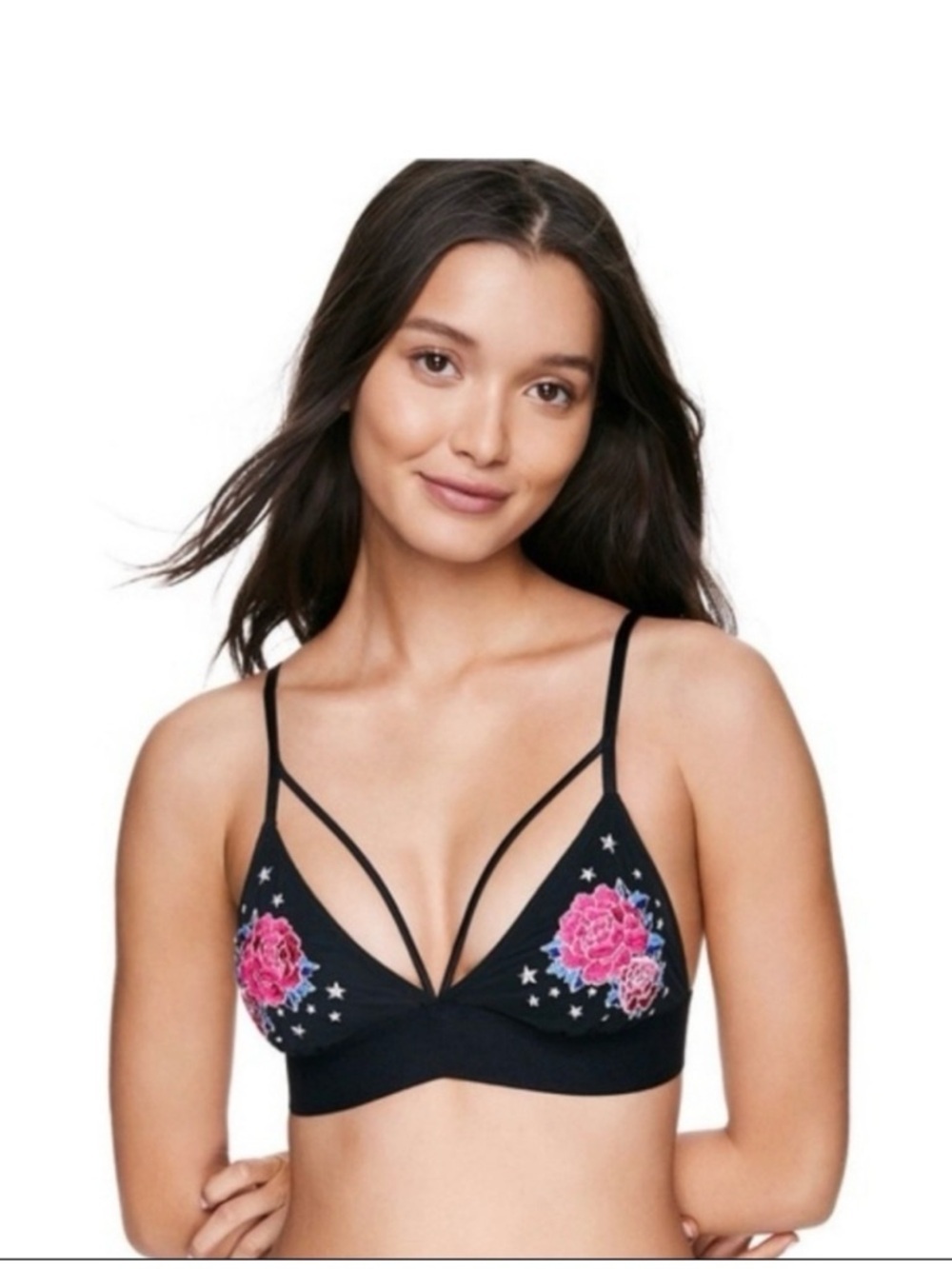 PINK Victoria's Secret Black Bralette with Pink Floral Embroidery M